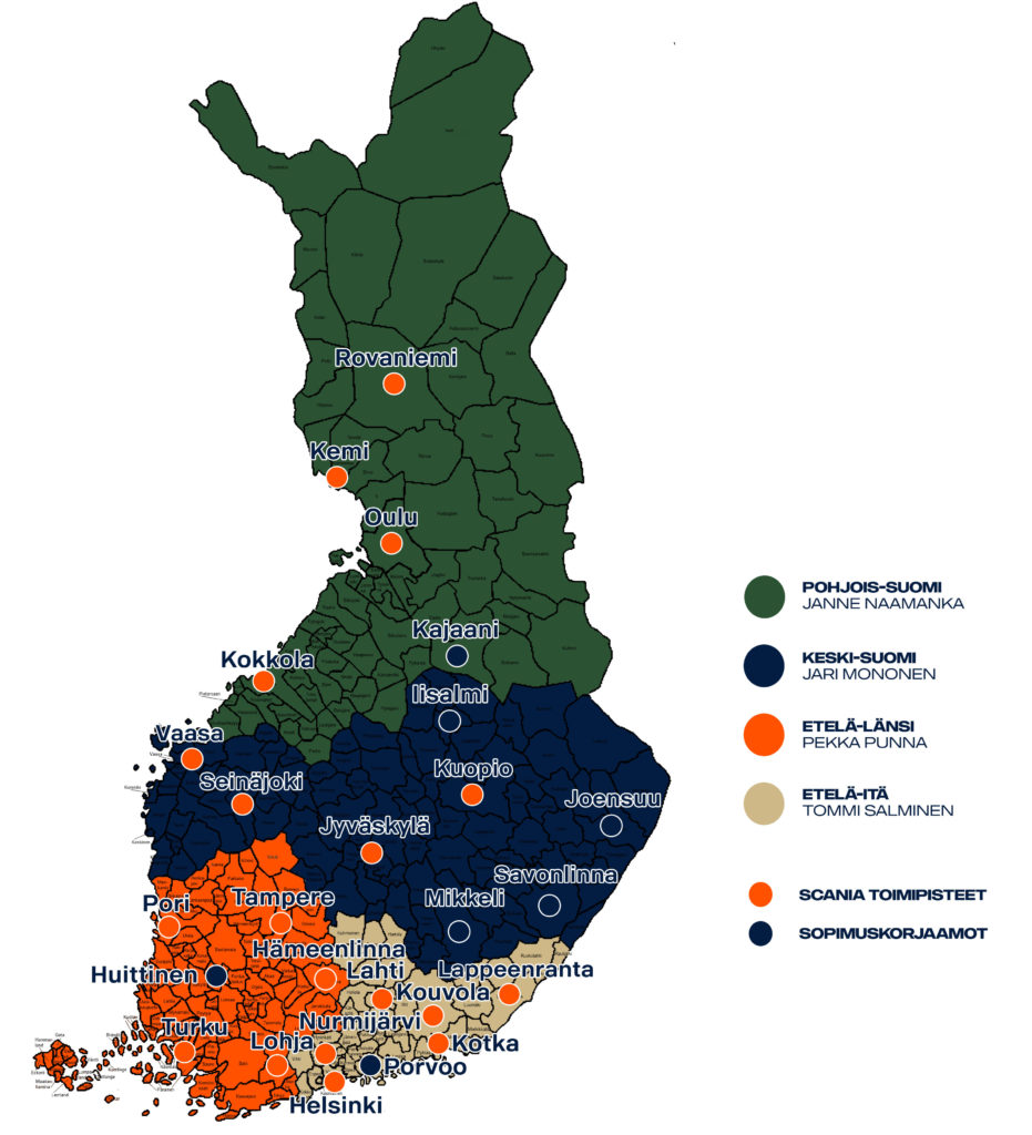 Scania Suomen alueet ja toimipisteet