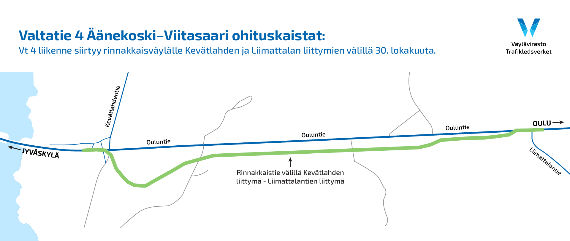 Kartta valtatie 4 Kevätlahti–Liimattala, valtatie 4:n liikenne rinnakkaistielle 30.10.2023–15.10.2024.