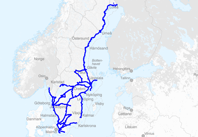 Ruotsin HCT-yhdistelmille sallittu tieverkko