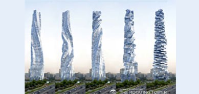 TÃ¤llainen 80-kerroksinen kompleksi on odotettavissa Dubaihin ja 10 kerrosta matalampana myÃ¶s Moskovaan. PyÃ¶rivÃ¤n kerrostalon arkkitehtuuri muuttuu koko ajan, kun jokaista kerrosta voidaan pyÃ¶rittÃ¤Ã¤ erikseen.